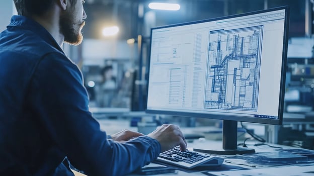 A designer working on architectural blueprints in a modern office environment during the day photo