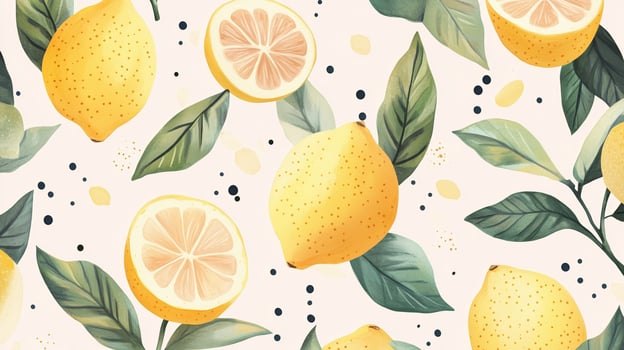A vibrant collection of lemons and leaves arranged beautifully on a pastel background with playful spots and textures adding charm photo