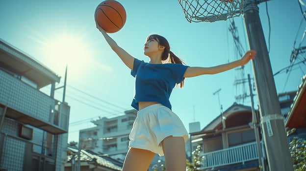 Young athlete performing a slam dunk in an outdoor basketball court under sunlight in an urban setting during the late afternoon photo