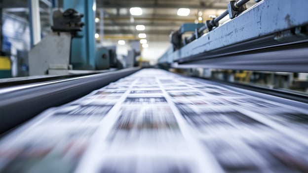 Production line in a printing facility, showcasing printing press machinery at work with vibrant print materials being processed photo