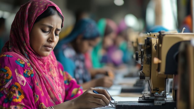 Women engaged in sewing garments at a textile factory in a bustling urban area during daylight hours photo