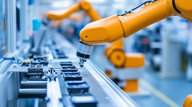 Robotic arm performing assembly tasks on a production line in a modern manufacturing facility during daylight hours photo