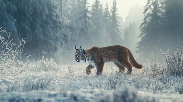 A Lynx Walking Through a Foggy, Snow-Covered Forest photo