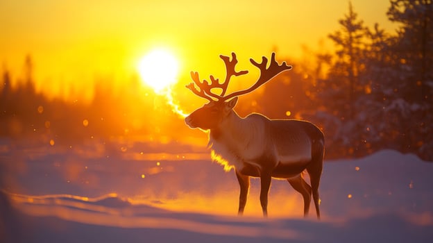 Reindeer Silhouette Exhaling Steam at Sunset in Snowy Landscape photo