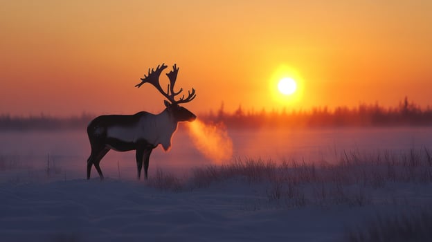 Reindeer Silhouette Against a Vivid Sunset in a Snowy Landscape photo