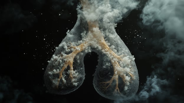 Artistic representation of lungs surrounded by swirling smoke, highlighting respiratory health in a striking visual display photo
