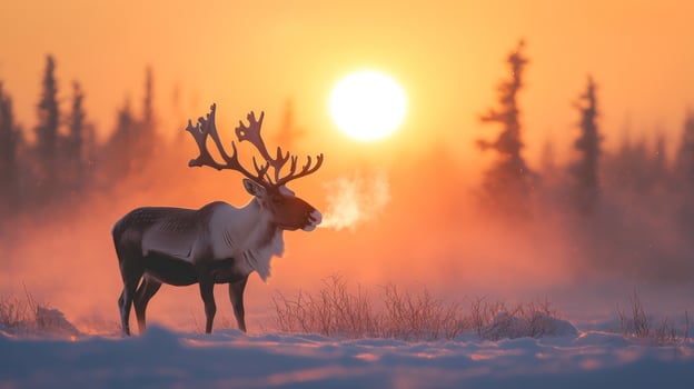 Reindeer Exhaling Steam at Sunset in a Snowy Landscape photo