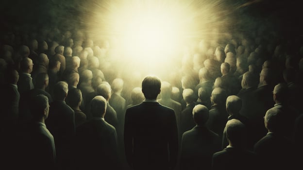 A single figure stands before a bright light while surrounded by a crowd of indistinct people in a dimly lit space photo