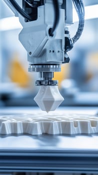 A close-up of a 3D printer in operation creating a detailed part in a modern manufacturing facility in the afternoon photo
