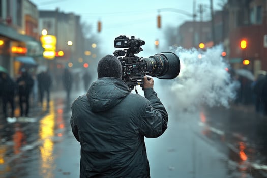 A man holding a camera in the rain photo