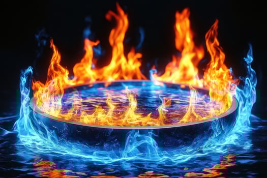 A fire bowl is on the water with blue flames photo