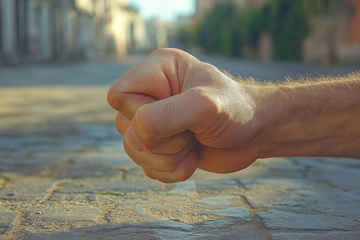 A fist is shown in the middle of a street photo