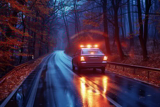 A car driving down a wet road in the rain photo