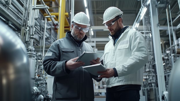 Engineers reviewing production data in an industrial facility during a safety inspection in the early morning photo