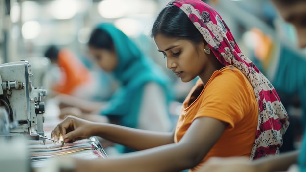 Women working diligently in a textile factory during the day, focusing on their sewing tasks with colorful fabrics and traditional attire photo