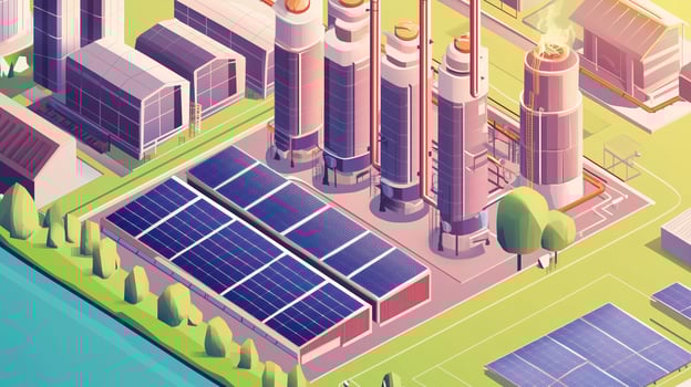 Aerial view of a solar power facility with modern energy conversion technologies at sunrise by a river photo