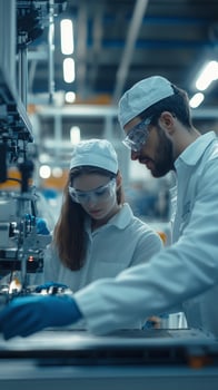 Two engineers collaborate on a technical project in a modern laboratory during a daytime research session photo
