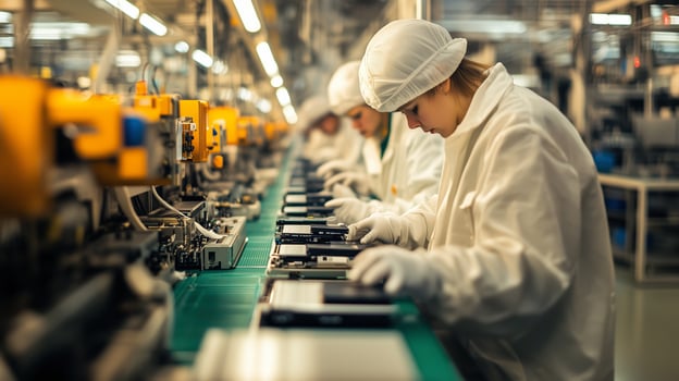 Workers assembling electronic devices in a factory during daylight with a focus on precision and collaboration photo