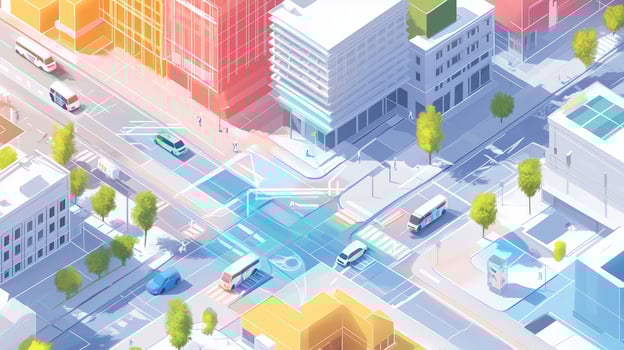 Aerial view of a modern urban intersection featuring traffic flow, pedestrians, and bustling city life during a sunny day photo