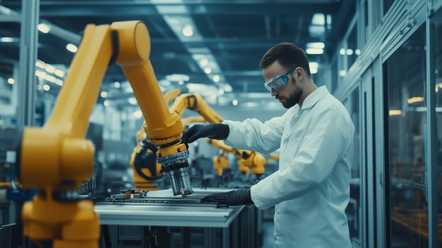 Technician operating industrial robotic arm in modern manufacturing facility during daytime production photo