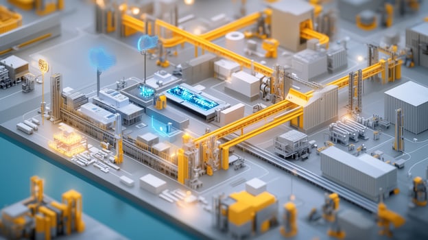 Aerial view of a modern industrial complex with yellow pipelines and high-tech equipment during daylight hours photo
