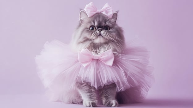 A fluffy cat dressed in a delicate pink tutu with matching bows stands proudly against a soft purple background, showcasing its playful and charming personality with a regal pose. photo