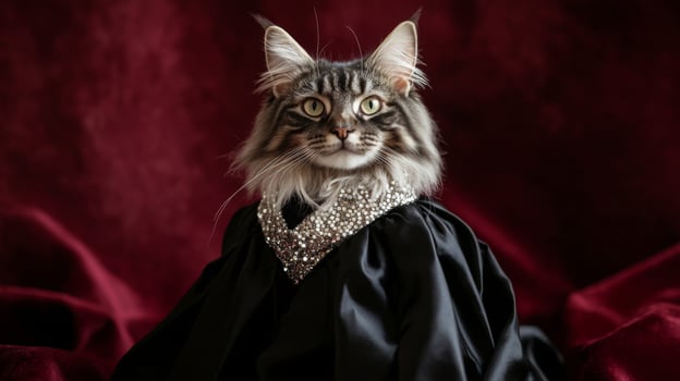 A cat adorned in a stylish gown with a sparkling collar poses against a rich red backdrop, showcasing its unique attire during a playful and artistic indoor photoshoot at home. photo