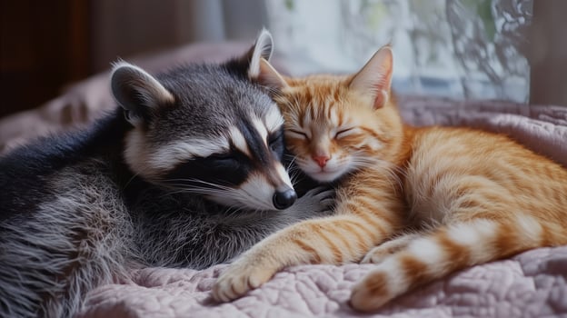 Adorable raccoon cuddles with a sleepy orange tabby cat on a cozy blanket indoors during a sunny afternoon photo