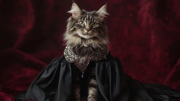 A regal cat adorned with a glamorous dress made of black fabric and shimmering embellishments sits confidently. The rich red background adds elegance to the overall composition of the moment. photo