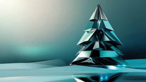 A Shiny Teal Geometric Christmas Tree Stands on a Whimsical Landscape photo
