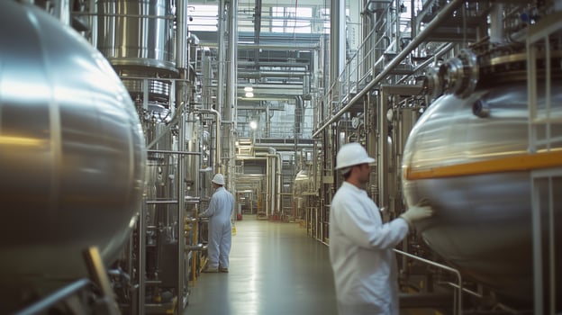 Industrial workers overseeing large stainless steel tanks in a modern manufacturing facility during the daytime photo