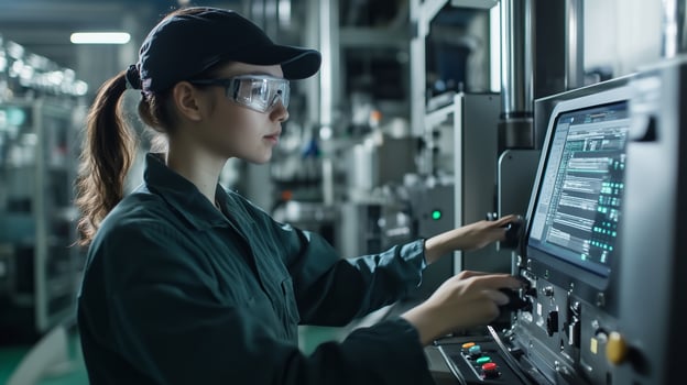 A young woman operates complex machinery in a modern industrial facility during daytime photo