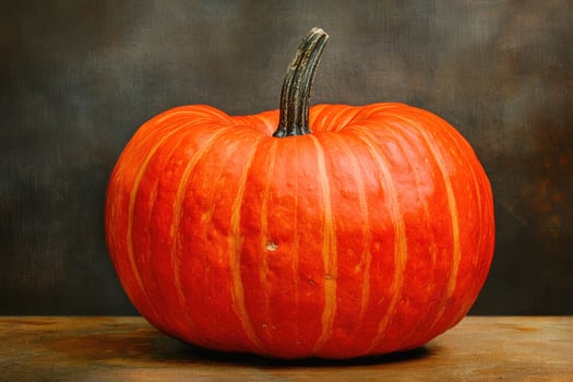 A Single Orange Pumpkin with Vertical Stripes on a Brown Wooden Surface photo