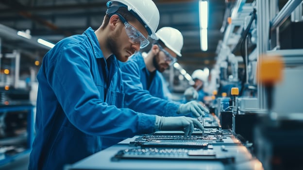 Skilled workers assembling electronic components in a modern factory setting during daylight hours photo