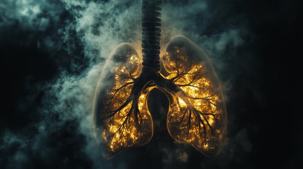 Lungs illuminated by ethereal light surrounded by smoke, showcasing a captivating blend of biology and artistic interpretation photo