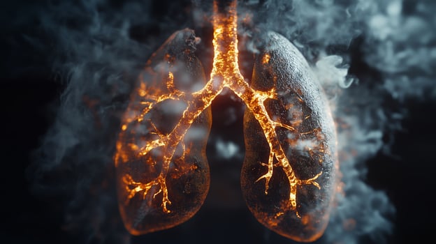 A detailed visual representation of glowing human lungs surrounded by swirling smoke on a dark background photo