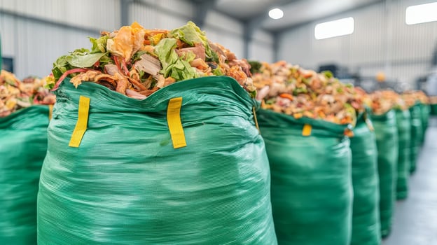 Green sacks filled with organic waste inside a warehouse. photo