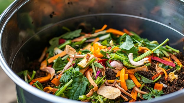 Fresh vegetable scraps in a compost bin for eco-friendly waste management. photo