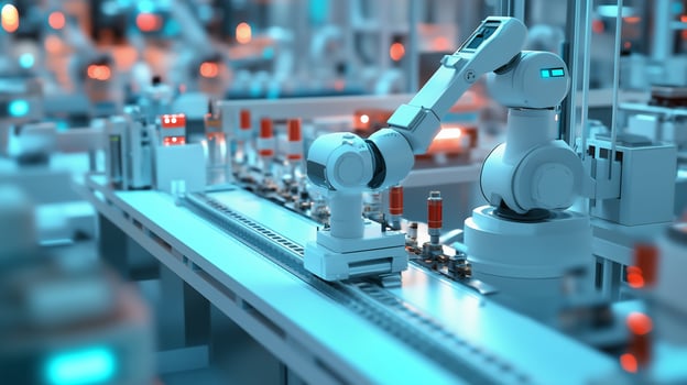 Advanced robotic arm working on an automated assembly line in a high-tech production facility during daytime operations photo