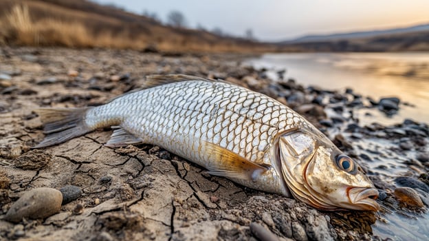 Dead fish on cracked ground near river under a fading sunset. photo