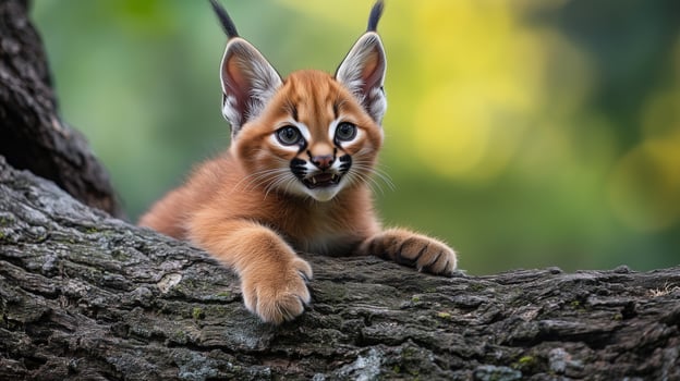 A playful caracal kitten rests on a tree branch surrounded by lush greenery in the early morning light photo