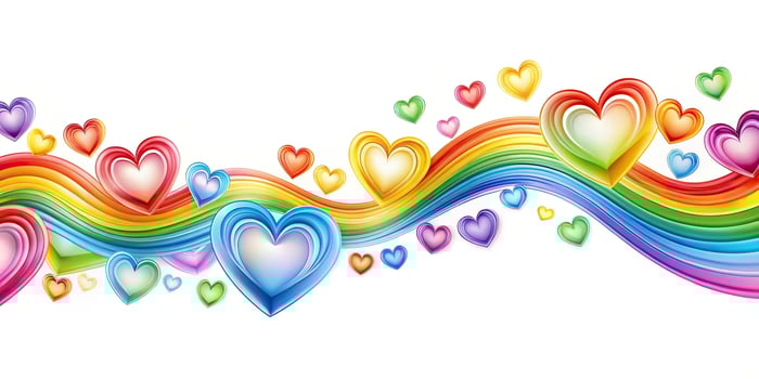 panoramic rainbow heart shapes and swirling colors on a white background photo