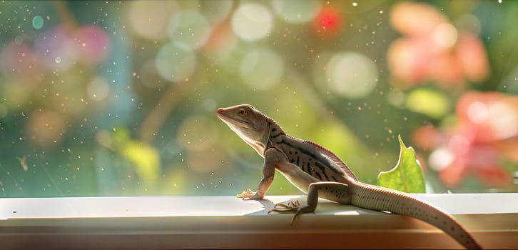 A lizard sitting on a window sill with a rain drop on it photo