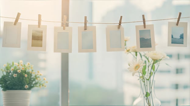 Photos hanging on clothesline with flowers and vases