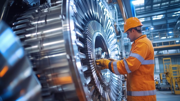 A technician inspects a large turbine engine in a manufacturing facility during the daytime photo