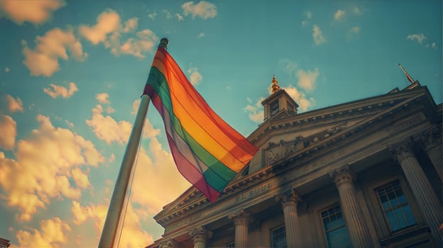 A rainbow flag flies in front of a building photo