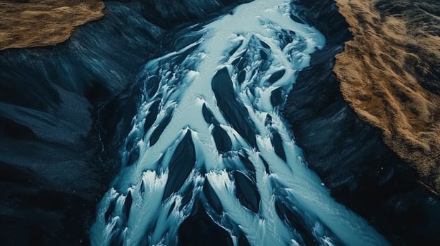 Aerial view of a winding glacier river carving through rugged terrain in Iceland during late afternoon light photo