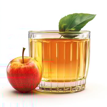Fresh apple juice in a glass with a green apple and leaf, isolated on a white background. photo