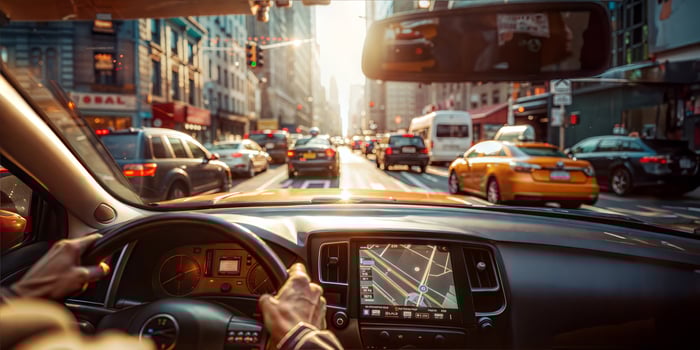 A man driving a car on a busy city street photo