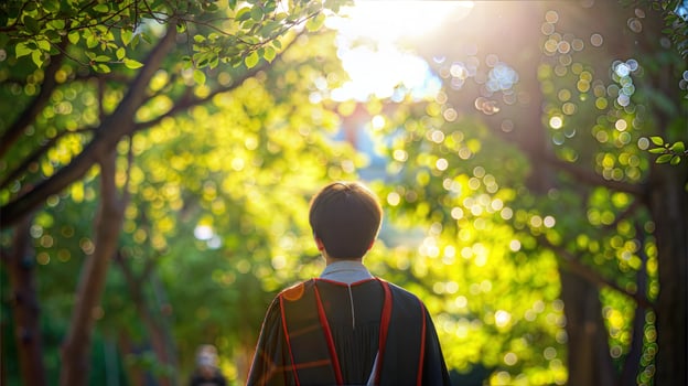 A person walking through a park with trees photo